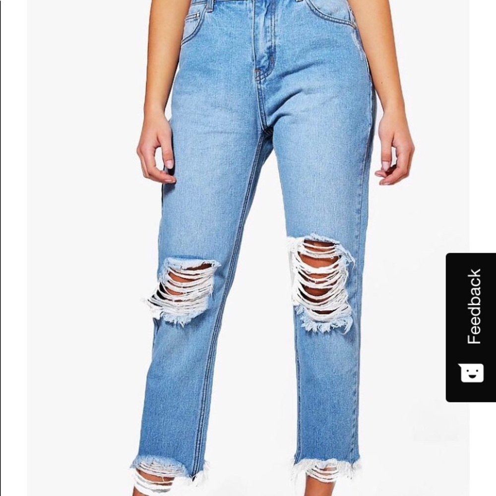 BOOHOO; High rise destroyed hem boyfriend jeans